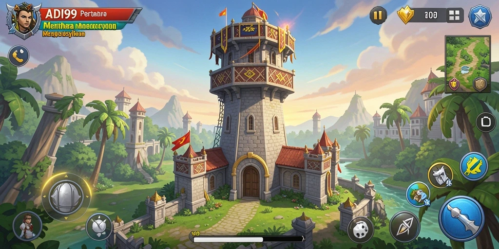 Tampilan gameplay ADI99 dengan menara benteng yang strategis.