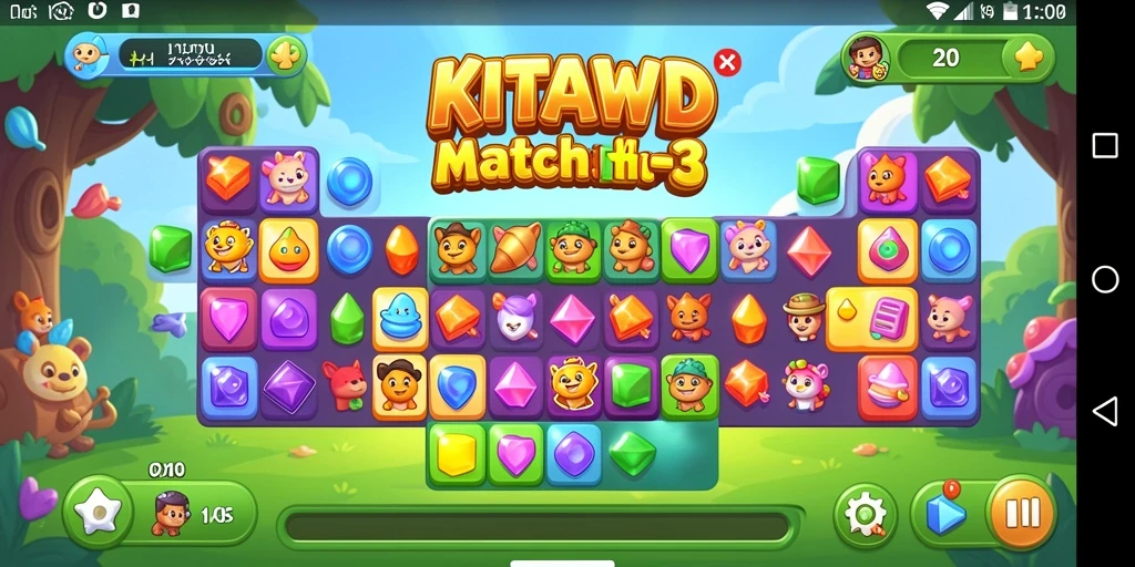 Screenshot gameplay KITAWD menunjukkan aksi mencocokkan permata yang seru.