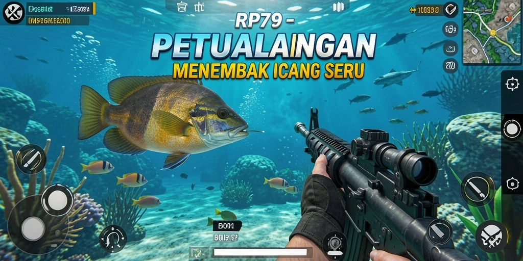 Screenshot dari gameplay RP79 menampilkan aksi menembak ikan yang seru.
