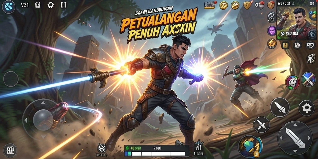 Screenshot V21 menampilkan aksi seru dalam pertempuran mendebarkan.